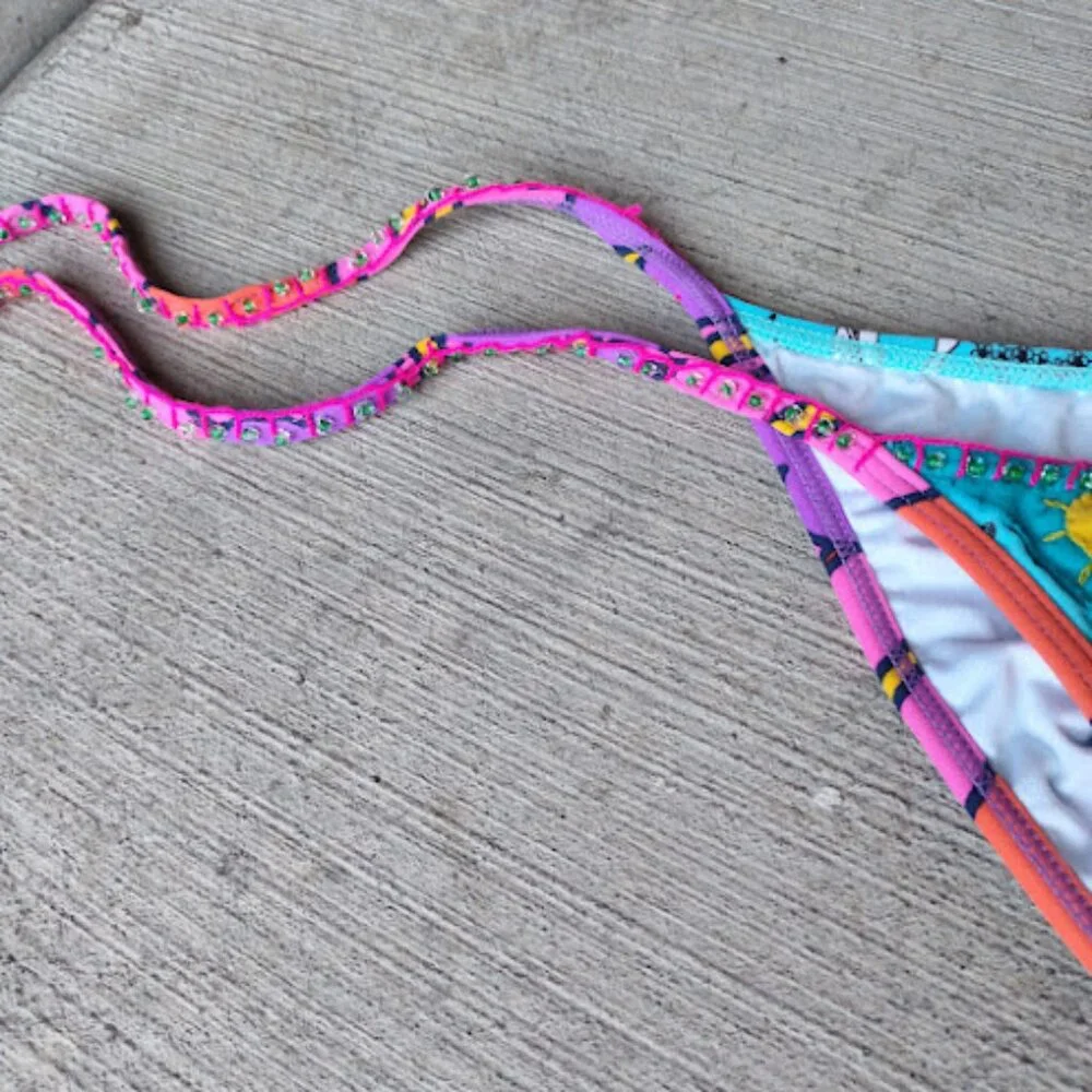 Agua Bendita Multicolor Tie-Side Bikini Bottom - Turquoise, Pink, Purple